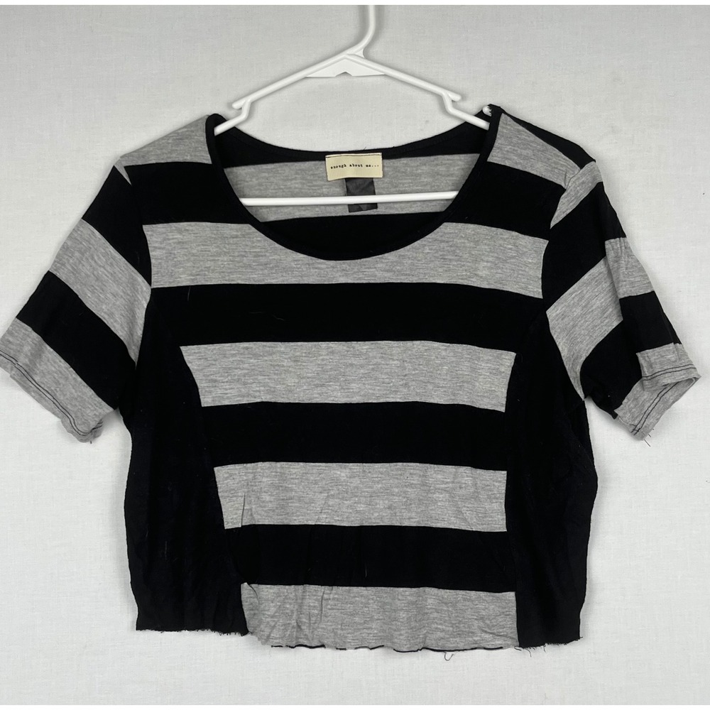 Enough About Me Striped Crop Top Womens Short Sleeve Raw Hem Black Gray 2349